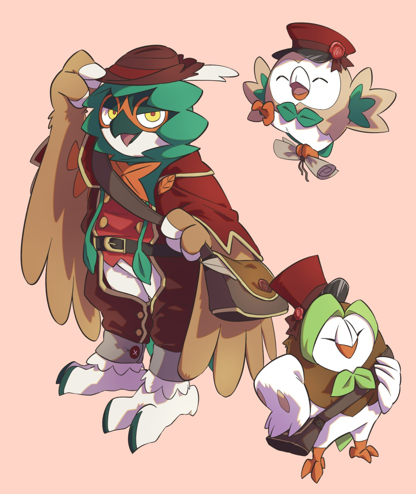 ^_^ bag belt brown_bag brown_headwear closed_eyes clothed_pokemon commentary_request dartrix decidueye evolutionary_line happy hat highres holding looking_at_viewer no_humans open_mouth orange_background pkpokopoko3 pokemon pokemon_(creature) red_headwear rowlet scroll shoulder_bag standing tongue yellow_eyes