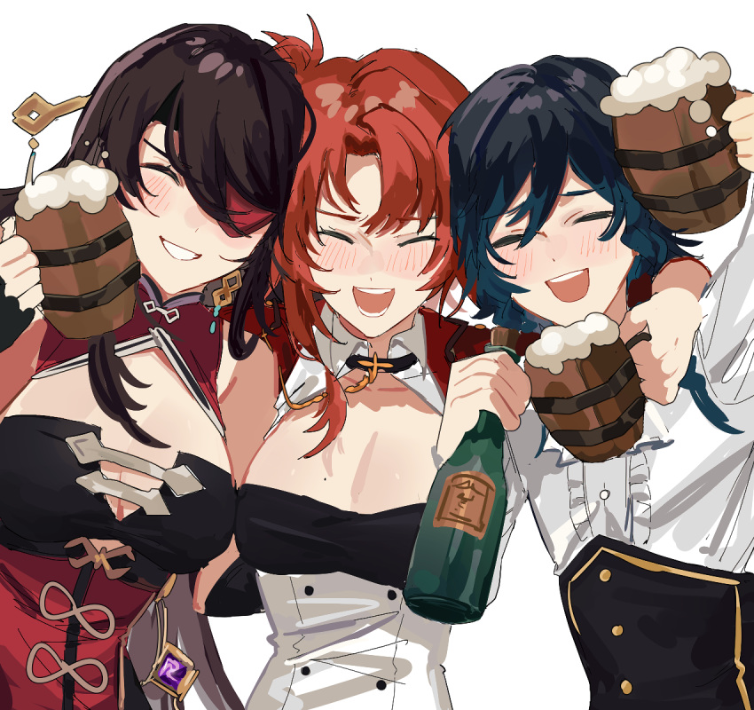 1boy 2girls 3o_c :d alcohol beer beer_mug beidou_(genshin_impact) bottle braid breasts brown_hair cleavage closed_eyes company_connection crossover cup drunk eyepatch genshin_impact green_hair grin highres holding holding_cup honkai_(series) honkai_impact_3rd jacket mihoyo mole mole_on_breast mug multiple_girls murata_himeko murata_himeko_(battle_storm) open_mouth red_hair red_jacket simple_background smile teeth venti_(genshin_impact) white_background wine wine_bottle