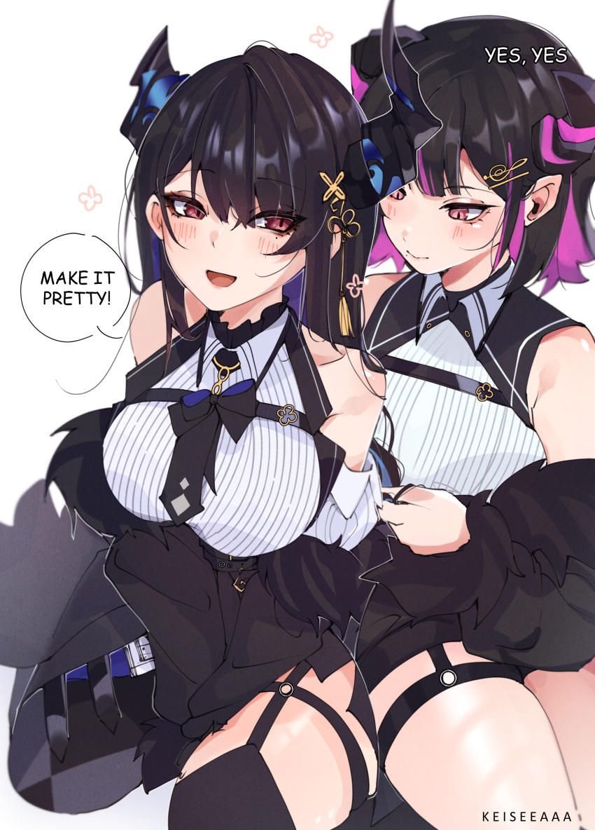 2girls absurdres aradia_ravencroft asymmetrical_horns black_hair breasts colored_inner_hair demon_horns english_text highres hololive hololive_english horns keisea large_breasts long_hair mole mole_under_eye multicolored_hair multiple_girls nerissa_ravencroft nerissa_ravencroft_(1st_costume) red_eyes short_hair siblings sisters slit_pupils thick_thighs thighhighs thighs two-tone_hair uneven_horns virtual_youtuber