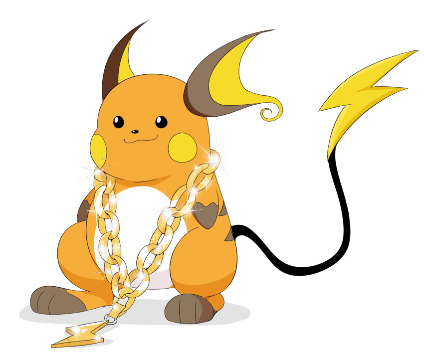 biped black_eyes black_nose bling chains dot_eyes feral generation_1_pokemon gold_(metal) gold_chain gold_jewelry hi_res jewelry jinu lightning_bolt long_tail male mammal murid murine necklace nintendo orange_body pokemon pokemon_(species) raichu rat rodent simple_background smile solo standing tail white_background yellow_cheeks