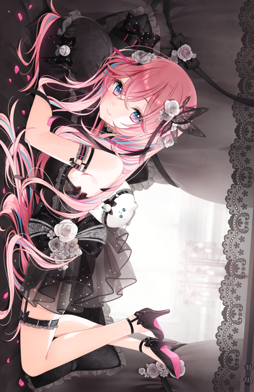 a20_(atsumaru) bad_id bad_twitter_id bare_arms bare_shoulders bed bell blush commentary dress female flower frilled_dress frills hair_flower hair_ornament hanagumo_kuyuri high_heels highres hitotose_tanteidan looking_at_viewer no_legwear pillow pink_hair purple_eyes ribbon sleeveless sleeveless_dress smile solo symbol-only_commentary virtual_youtuber