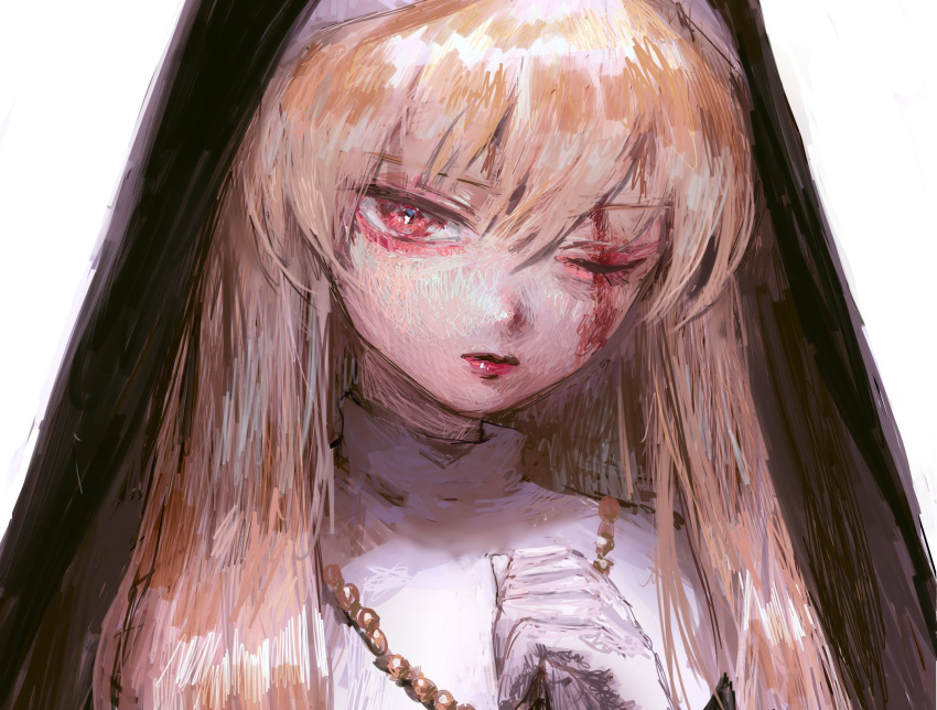 blonde_hair female gloves habit hatena_(nazequestion) highres jewelry long_hair looking_at_viewer necklace nun original red_eyes scar scar_across_eye scar_on_face simple_background solo traditional_nun white_background white_gloves