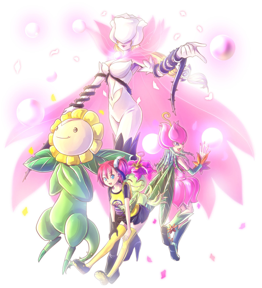 3girls :d ^_^ aiba_ami black_footwear black_gloves black_skirt blonde_hair blue_eyes boots breasts brooch bubble cape center_opening closed_eyes closed_mouth clothing_cutout commentary covered_eyes detached_sleeves digimon digimon_(creature) digimon_story:_cyber_sleuth dress evolutionary_line falling_petals fang_out fangs fangs_out flower full_body gloves goggles goggles_on_head green_footwear green_sleeves hair_between_eyes hair_flower hair_ornament happy high_heel_boots high_heels highres hug hug_from_behind jewelry konna-nani large_breasts leaf leaf_wings lilimon lipstick long_hair looking_at_viewer makeup medium_breasts miniskirt monster_girl multiple_girls navel navel_cutout oerba_yun_fang open_mouth palmon parted_lips petals pink_cape pink_dress plant_girl print_shirt raglan_sleeves red_hair rose rosemon rosemon_burst_mode shirt shoes short_sleeves side_ponytail single_glove skirt smile sunflowmon thigh_boots thighhighs thorns whip white_background white_flower white_gloves white_rose wings yellow_footwear yellow_shirt