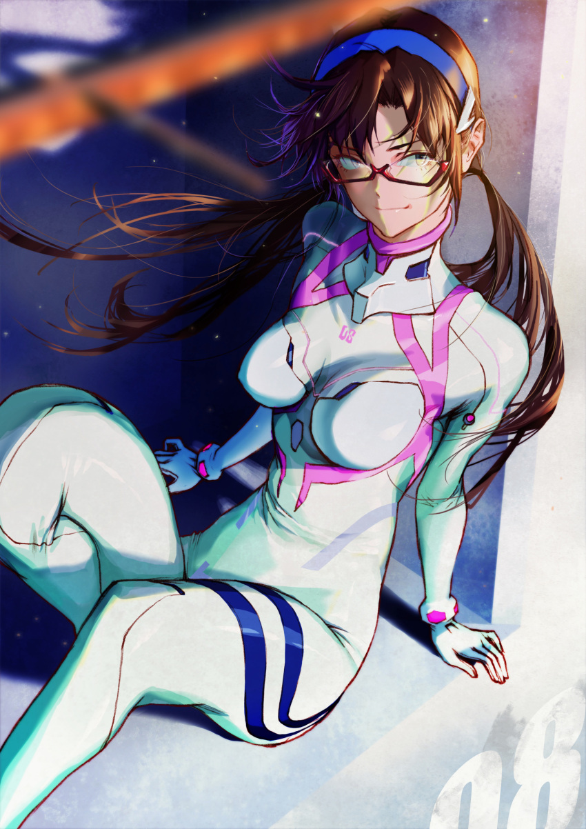 absurdres arm_support blue_eyes blurry bodysuit breasts brown_hair closed_mouth commentary_request depth_of_field evangelion:_3.0+1.0_thrice_upon_a_time female glasses hair_between_eyes hairband highres interface_headset kiyohisa long_hair looking_at_viewer makinami_mari_illustrious medium_breasts neon_genesis_evangelion pilot_suit plugsuit rebuild_of_evangelion red-framed_eyewear semi-rimless_eyewear sitting skin_tight smile solo thighs turtleneck twintails under-rim_eyewear very_long_hair white_bodysuit