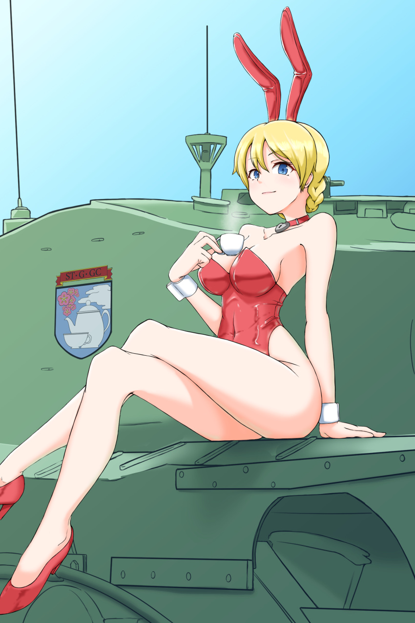 absurdres animal_ears bare_legs bare_shoulders blonde_hair blue_eyes braid breasts choker churchill_(tank) closed_mouth collarbone commentary covered_navel crossed_legs cup darjeeling_(girls_und_panzer) emblem fake_animal_ears female girls_und_panzer heart heart_choker high_heels highres holding holding_cup legs leotard looking_at_viewer medium_breasts military military_vehicle motor_vehicle no_legwear nyang-kaz on_vehicle playboy_bunny rabbit_ears red_choker red_footwear red_leotard short_hair sitting smile solo st._gloriana's_(emblem) strapless strapless_leotard stream tank teacup thighs twin_braids wrist_cuffs