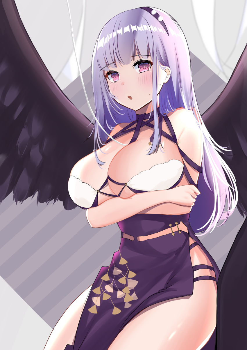 :o absurdres arms_under_breasts azur_lane black_wings blush breast_hold breasts chan'nu cleavage criss-cross_halter dido_(anxious_bisque_doll)_(azur_lane) dido_(azur_lane) dress feathered_wings female hairband halter_dress halterneck highres large_breasts large_wings long_dress long_hair official_alternate_costume pink_eyes purple_dress purple_hair purple_hairband sleeveless sleeveless_dress solo wings