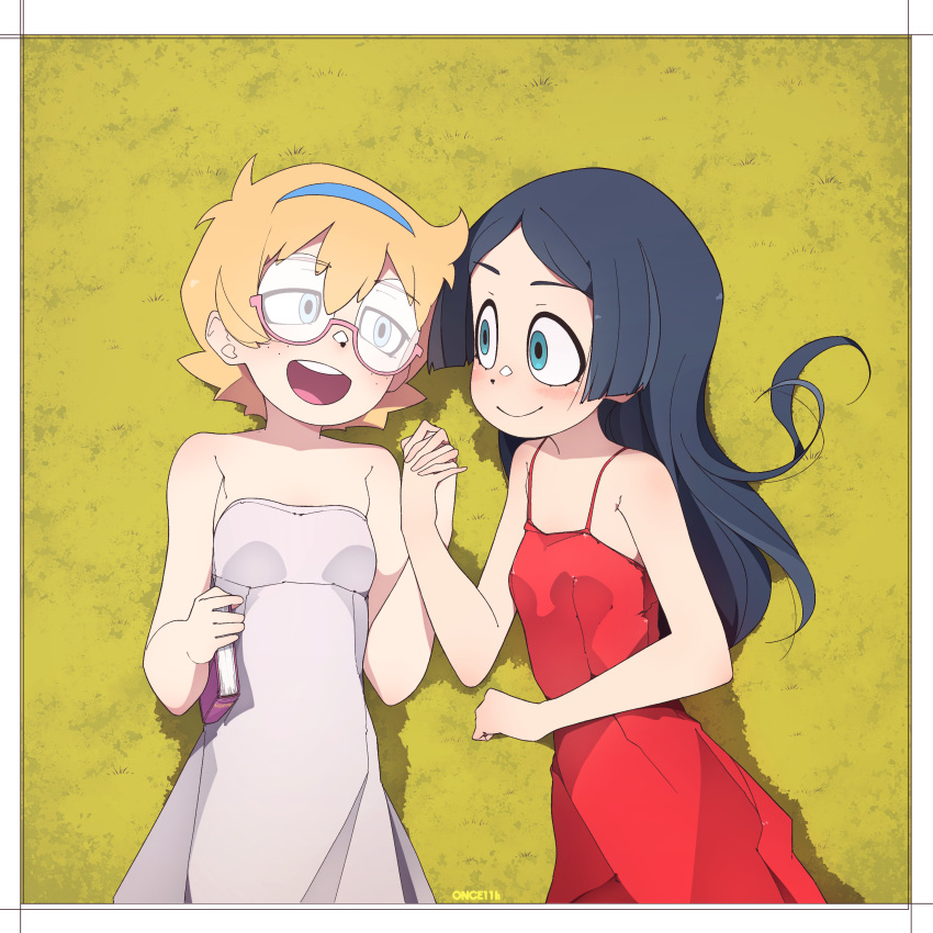 2girls absurdres artist_name bad_id bad_pixiv_id barbara_parker bare_shoulders black_hair blonde_hair blue_eyes book border dress from_above glasses hair_between_eyes half-closed_eyes hay highres holding holding_book holding_hands little_witch_academia long_hair looking_at_another lotte_jansson lying mole mole_under_eye multiple_girls once_11h open_mouth red_dress short_hair sleeveless smile teeth upper_body upper_teeth_only white_border white_dress yellow_background