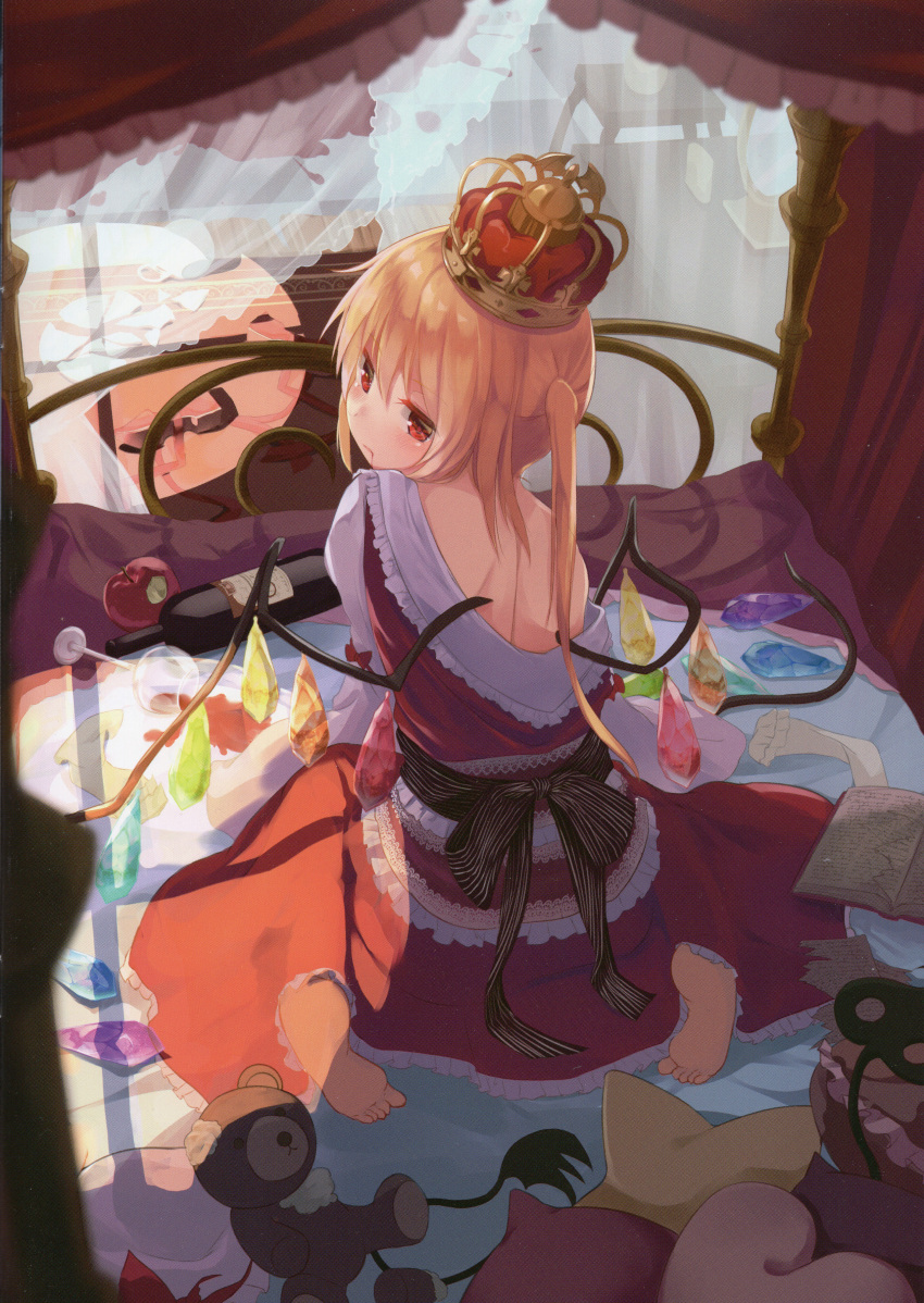 absurdres ascot bare_back bed blonde_hair blood book bottle crown crystal cup curtains drinking_glass female flandre_scarlet highres igayan laevatein_(touhou) long_hair red_eyes scan side_ponytail sitting solo spill stuffed_animal stuffed_toy teddy_bear touhou unworn_socks wariza wine_bottle wine_glass wings