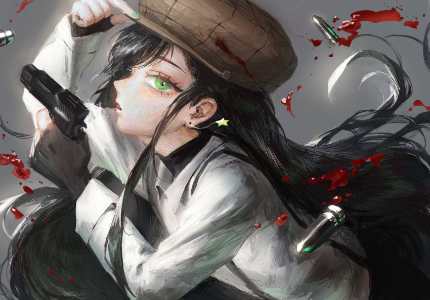 absurdres black_gloves black_hair blood blood_on_clothes brown_hat bullet collared_shirt earrings female fingerless_gloves fingernails gloves green_eyes green_nails grey_background gun hand_on_headwear hand_up hat hatena_(nazequestion) highres holding holding_gun holding_weapon jewelry long_hair long_sleeves looking_at_viewer original parted_lips profile shirt solo star_(symbol) star_earrings upper_body weapon white_shirt