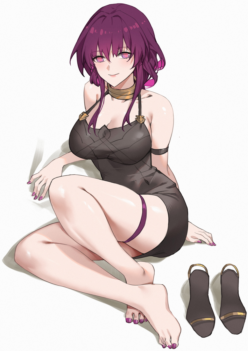 alternate_costume arm_strap bare_shoulders barefoot breasts choker cleavage feet female highres honkai:_star_rail honkai_(series) kafka_(honkai:_star_rail) large_breasts legs linreplica long_hair looking_at_viewer nail_polish purple_eyes purple_hair sandals simple_background sitting sleeveless smile solo spaghetti_strap toenail_polish toenails toes unworn_sandals white_background