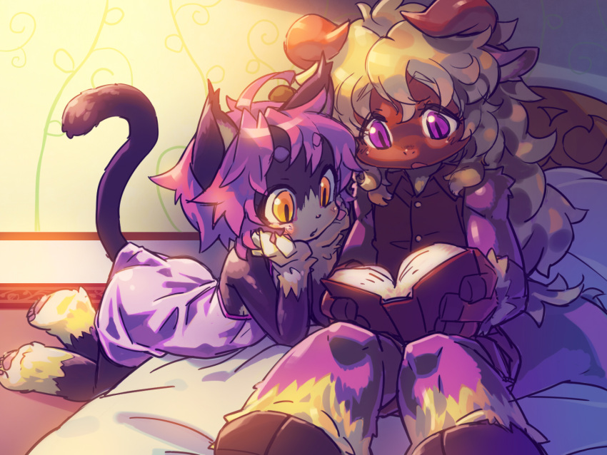 animal_ears animal_nose bed black_fur blush body_fur book cat_ears cat_girl cat_tail character_request commentary_request female furry furry_female highres holding holding_book horns mao_(mizuki_kotora) mizuki_kotora on_bed open_mouth original parted_lips pawpads purple_eyes purple_hair reading slit_pupils tail two-tone_fur white_fur yellow_eyes