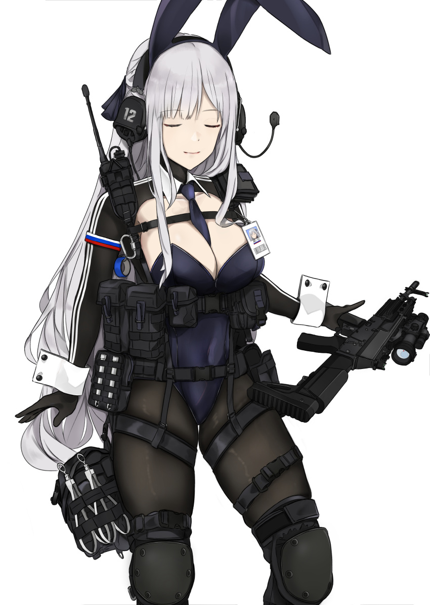 absurdres ak-12 ak-12_(girls'_frontline) animal_ears assault_rifle between_breasts black_pantyhose blue_leotard blue_necktie braid breasts closed_eyes commentary_request fake_animal_ears female french_braid fte_(fifteen_199) girls'_frontline gun headset highleg highleg_leotard highres kalashnikov_rifle large_breasts leotard long_hair necktie necktie_between_breasts pantyhose playboy_bunny rabbit_ears rifle russian_flag shrug_(clothing) smersh solo tactical_playboy_bunny thigh_strap weapon white_hair wrist_cuffs