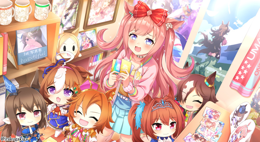 6+girls absurdres admire_vega_(umamusume) agnes_digital_(umamusume) animal_ears blue_eyes blush bow brown_hair card casual character_doll collarbone commentary_request cup daiwa_scarlet_(umamusume) fine_motion_(umamusume) hair_ornament hairbow highres horse_ears horse_girl horse_tail long_hair multiple_girls nihudau open_mouth poster_(object) t.m._opera_o_(umamusume) table tail twitter_username umamusume vodka_(umamusume)