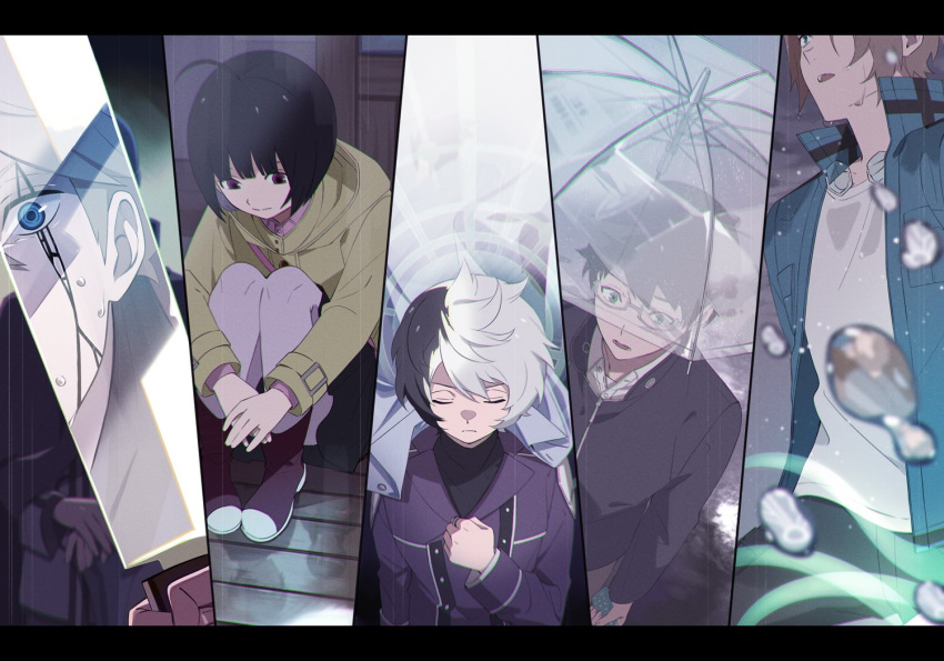 5boys ahoge amatori_chika bad_id bad_twitter_id black_hair black_jacket black_pants black_shirt blue_eyes blue_jacket bob_cut boots cloak closed_eyes closed_mouth column_lineup female fuujin_(world_trigger) glasses green_eyes hand_up holding holding_phone holding_sword holding_weapon hyuse jacket jewelry jin_yuuichi knees_up kuga_yuuma letterboxed long_sleeves looking_away looking_down mikumo_osamu multicolored_hair multiple_boys open_mouth pants phone purple_eyes purple_jacket rain reflection ring shirt short_hair sitting sword two-tone_hair umbrella viza water_drop weapon wet_face white_hair white_shirt world_trigger yawai_tofu yellow_jacket