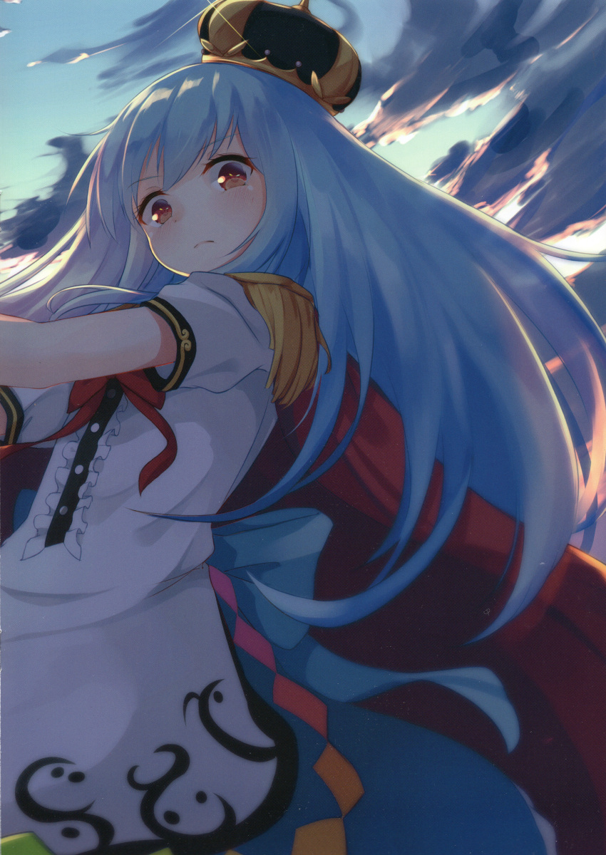 absurdres blue_hair blue_skirt blue_sky blush cape cloud cloudy_sky crown epaulettes female glint glowing highres hinanawi_tenshi igayan long_hair looking_at_viewer puffy_short_sleeves puffy_sleeves red_eyes scan scan_artifacts scan_dust short_sleeves skirt sky solo sword_of_hisou touhou twilight