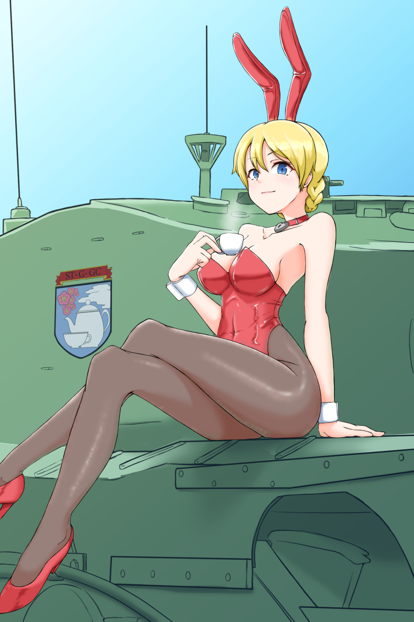 absurdres animal_ears bare_shoulders black_pantyhose blonde_hair blue_eyes braid breasts choker churchill_(tank) closed_mouth collarbone commentary covered_navel crossed_legs cup darjeeling_(girls_und_panzer) emblem fake_animal_ears female girls_und_panzer heart heart_choker high_heels highres holding holding_cup legs leotard looking_at_viewer medium_breasts military military_vehicle motor_vehicle nyang-kaz on_vehicle pantyhose playboy_bunny rabbit_ears red_choker red_footwear red_leotard short_hair sitting smile solo st._gloriana's_(emblem) strapless strapless_leotard stream tank teacup thighs tied_hair twin_braids wrist_cuffs