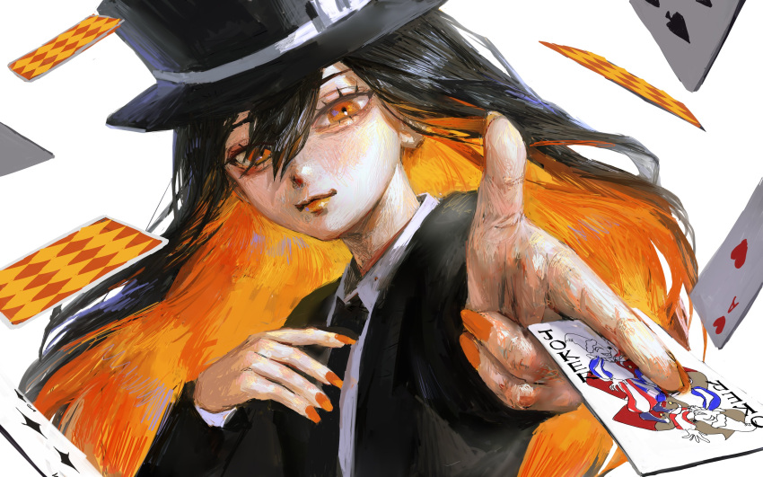 absurdres black_hair black_hat black_jacket card collared_shirt female hair_between_eyes hand_up hat hatena_(nazequestion) highres jacket joker_(playing_card) long_hair multicolored_hair orange_hair orange_lips orange_nails original playing_card shirt solo top_hat two-tone_hair upper_body white_background white_shirt