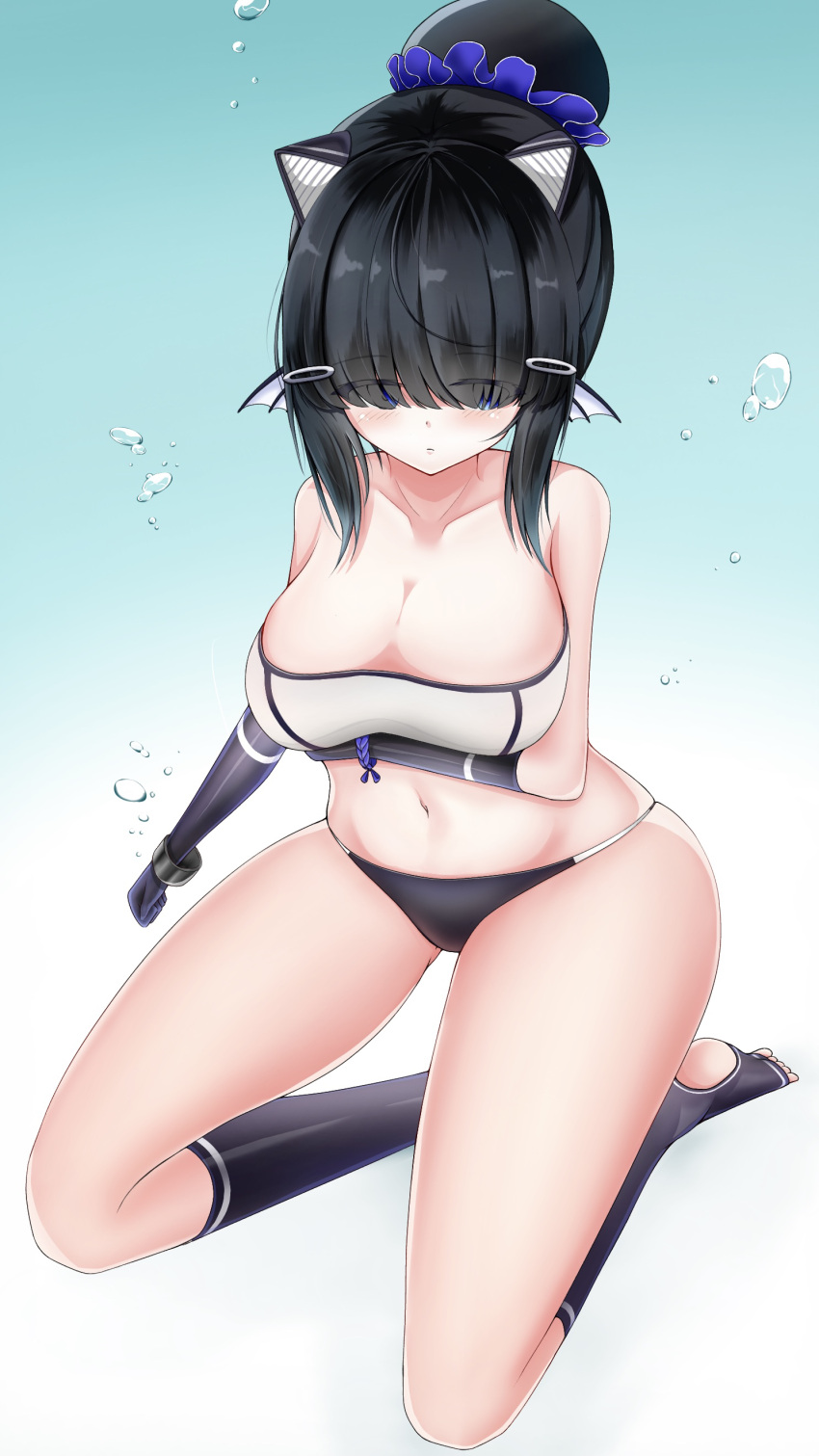 absurdres ahoge air_bubble alternate_breast_size aqua_background ass_visible_through_thighs azur_lane bangle bare_shoulders bikini black_gloves black_hair blue_eyes blush bra bracelet breast_hold breasts bubble cien_(shikanokuni) cleavage eyes_visible_through_hair female full_body gloves gradient_background hair_bun hair_ornament hair_over_eyes hair_scrunchie hairclip highres i-56_(azur_lane) jewelry kneeling large_breasts long_hair mechanical_ears navel panties scrunchie sidelocks simple_background single_hair_bun skindentation solo strapless strapless_bra string_panties swimsuit thighs toeless_legwear toes underwear white_background