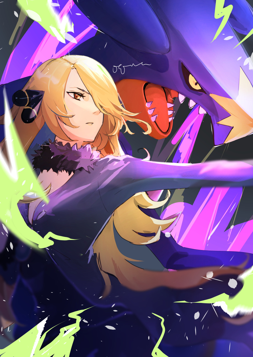 absurdres blonde_hair blurry coat commentary_request cynthia_(pokemon) energy eyelashes female fur_collar garchomp hair_ornament hair_over_one_eye highres long_hair looking_to_the_side ogura_aoi orange_eyes outstretched_arm parted_lips pokemon pokemon_(creature) pokemon_dppt