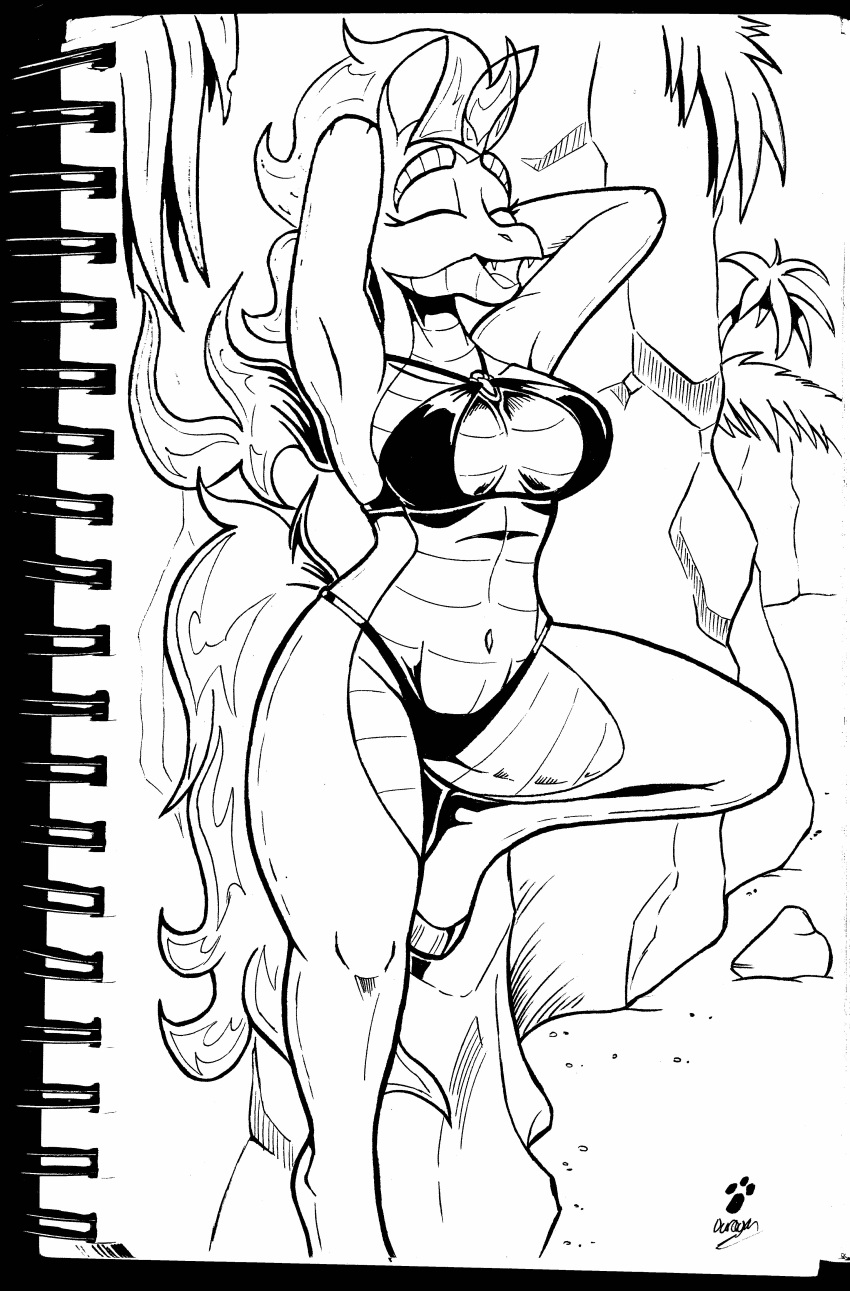 2023 absurd_res anthro anthrofied asian_mythology beach bikini biped black_and_white breasts chinese_mythology cliff closed_eyes clothing dragon duragan east_asian_mythology fangs female fire flaming_hair flaming_tail hand_behind_head hi_res hybrid ink longma monochrome mythological_creature mythological_equine mythological_scalie mythology navel non-mammal_breasts non-mammal_navel one_leg_up open_mouth open_smile palm_tree pinup plant pose pseudo_hair raised_leg scalie seaside signature smile solo summer swimwear tail teeth them's_fightin'_herds tianhuo_(tfh) traditional_media_(artwork) tree unguligrade_anthro