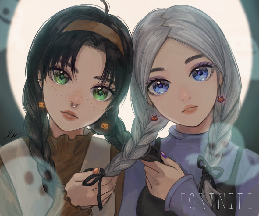 2girls alternate_costume blue_eyes braid brown_hair closed_mouth commentary_request copyright_name earrings fortnite freckles full_moon green_eyes hair_ornament highres jewelry jules_(fortnite) looking_at_viewer moon multiple_girls night piercing purple_sweater sweater toisan33 torin_(fortnite)