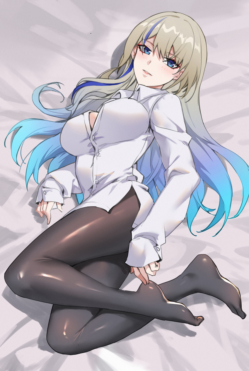 bed_sheet black_pantyhose blonde_hair blue_eyes blue_hair breasts feet female fine_fabric_emphasis gradient_hair highres honkai:_star_rail honkai_(series) large_breasts legs linreplica long_hair long_sleeves looking_at_viewer lying multicolored_hair no_shoes pantyhose serval_landau shirt solo thighs toes very_long_hair white_shirt