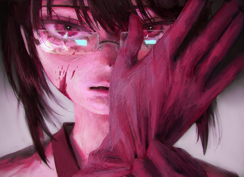 black_hair blood blood_on_face blood_splatter copyright_request female glasses gloves grey_background hatena_(nazequestion) highres looking_at_viewer pink_eyes pink_gloves putting_on_gloves reflection short_hair solo