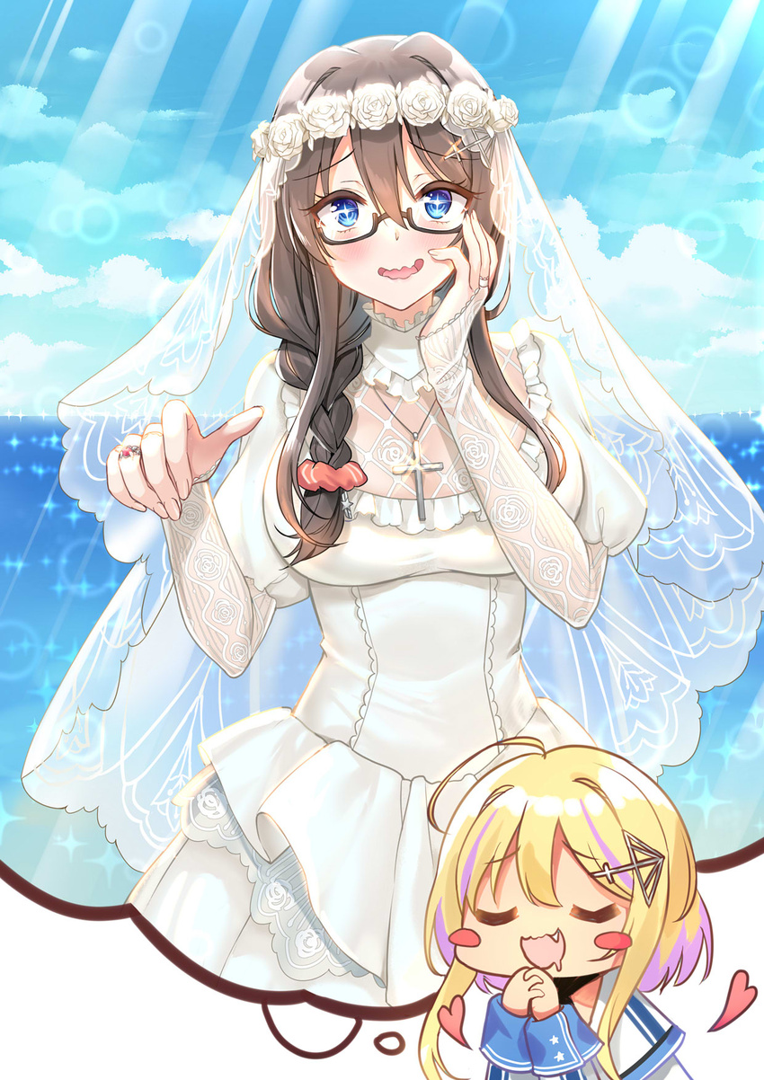 +_+ 2girls ahoge april_fools azur_lane black_hair blonde_hair blue_eyes blush_stickers braid breasts bridal_gauntlets bridal_veil bride brown_hair cross cross_necklace dreaming dress dual_persona duplicate flower glasses hair_ornament hair_scrunchie hand_on_own_face head_wreath highres imagining jewelry jimiko large_breasts long_hair marblehead_(azur_lane) multicolored_hair multiple_girls necklace ornate_ring pixel-perfect_duplicate ring rose scrunchie short_hair_with_long_locks silveroid single_braid streaked_hair veil wedding_dress wedding_ring white_flower white_rose