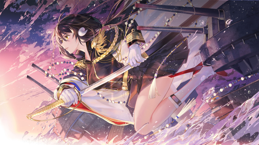 aiguillette anniversary azur_lane belt black_hair black_shirt black_skirt breasts cannon criin epaulettes female gloves highres holding holding_sword holding_weapon horns katana long_hair long_sleeves looking_away low_ponytail medium_breasts mikasa_(azur_lane) military military_uniform miniskirt official_art outdoors pleated_skirt sheath shirt skirt socks solo sword tassel thighs turret uniform unsheathing water weapon white_gloves white_legwear yellow_eyes