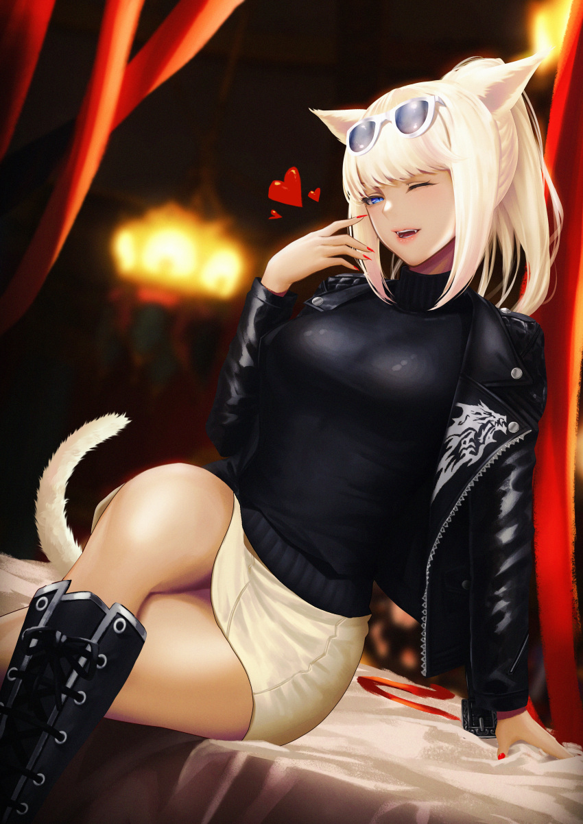 absurdres animal_ears blonde_hair blue_eyes blurry blurry_background boots breasts cat_ears cat_tail commission cross-laced_footwear crossed_legs eyewear_on_head fangs female final_fantasy final_fantasy_xiv highres jacket knee_boots lace-up_boots medium_breasts miqo'te one_eye_closed open_clothes open_jacket open_mouth pixiv_commission ponytail short_hair skirt solo sunglasses tail warrior_of_light_(ff14) zeri_(zeristudio)