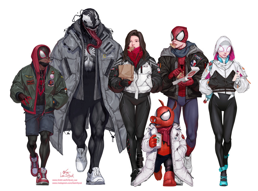 2girls 4boys adapted_costume backpack bag black_hair bodysuit bodysuit_under_clothes candy cindy_moon commentary cropped_hoodie cup disposable_cup eating english_commentary food full_body gwen_stacy hands_in_pocket headphones headphones_around_neck highres hood hooded_bodysuit hoodie in-hyuk_lee jacket lollipop long_tongue marvel mask miles_morales monster_boy mouth_mask multiple_boys multiple_girls muscular muscular_male paper_bag peter_parker pizza pizza_box pizza_slice scarf sharp_teeth shoes silk_(marvel) simple_background sneakers snout spider-gwen spider-ham spider-man spider-man_(miles_morales) spider-man_(series) symbiote teeth thigh_gap toned toned_male tongue venom_(marvel) walking white_background