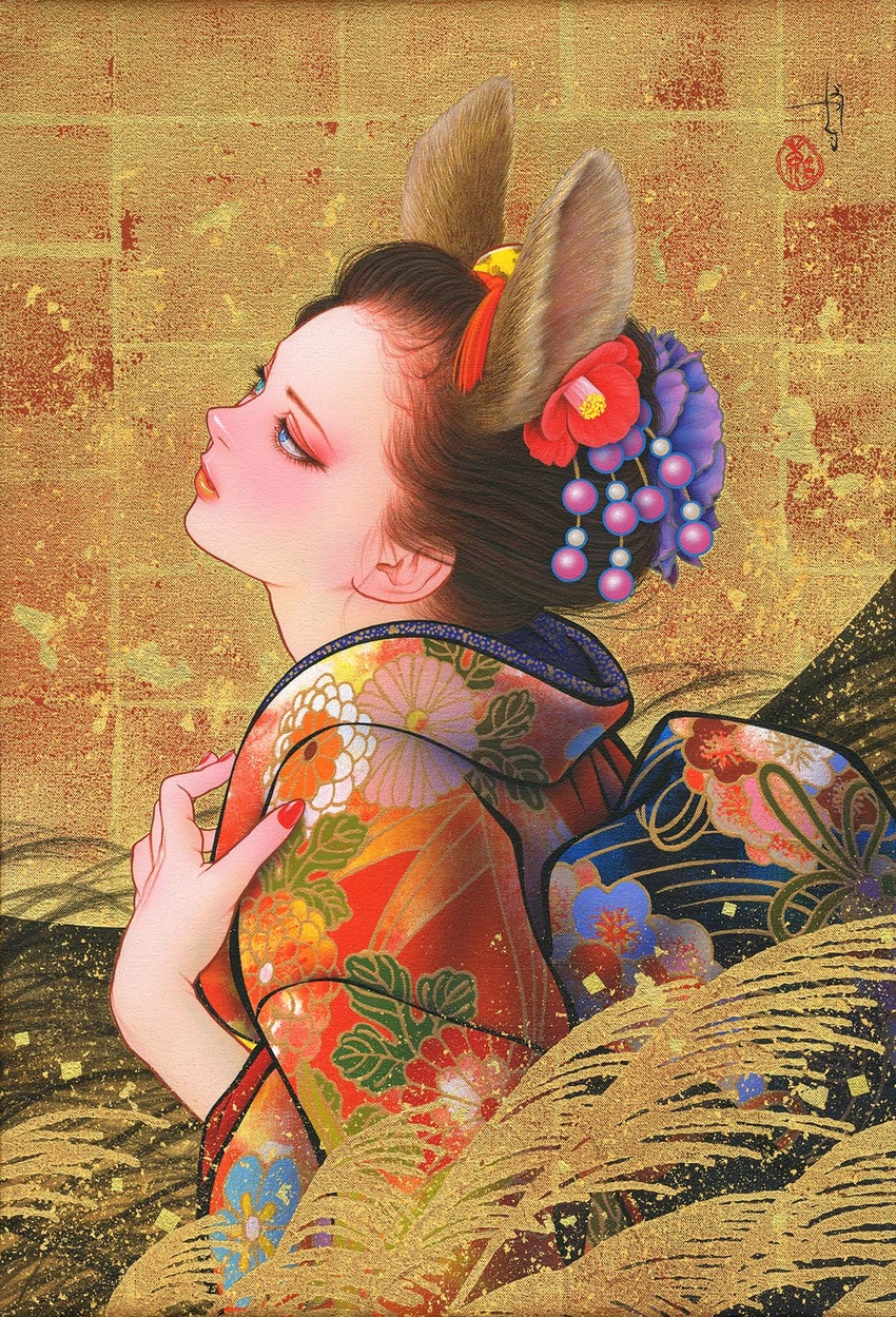 acrylic_paint_(medium) animal_ears black_hair blue_eyes canvas_(medium) clothes_pull female flower from_behind fudegamijp hair_flower hair_ornament highres japanese_clothes kimono lipstick looking_away looking_up makeup original painting_(medium) rabbit_ears realistic shirt_pull solo traditional_media updo wheat