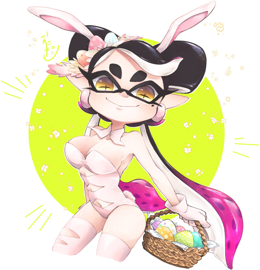 +_+ animal_ears artist_name basket black_hair breasts brown_eyes callie_(splatoon) cleavage closed_mouth collar cowboy_shot cropped_legs detached_collar earrings easter easter_egg egg english_commentary fake_animal_ears fake_tail female gloves gradient_hair hair_ornament highres holding holding_basket inkling jewelry leotard long_hair looking_at_viewer medium_breasts mole mole_under_eye multicolored_hair navel okome_2g2g playboy_bunny pointy_ears purple_hair rabbit_ears rabbit_tail signature smile solo splatoon_(series) standing strapless strapless_leotard swept_bangs tail tentacle_hair thighhighs very_long_hair white_collar white_gloves white_leotard white_thighhighs