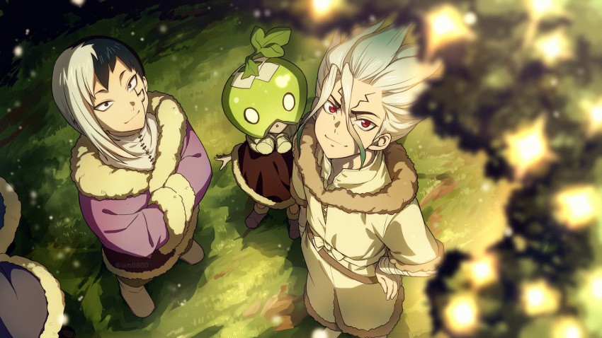 2boys :o arm_at_side asagiri_gen bandaged_arm bandages black_hair blue_eyes blurry boots brown_footwear closed_mouth clothing_request coat commentary_request depth_of_field dr._stone female food food_on_head from_above fruit fur-trimmed_coat fur_trim grass hair_between_eyes hand_on_hip hands_in_opposite_sleeves highres ishigami_senkuu lolicon long_hair long_sleeves looking_at_viewer looking_to_the_side looking_up multicolored_hair multiple_boys object_on_head outdoors purple_coat purple_footwear red_eyes revision sayshownen shadow short_hair smile spiked_hair standing suika_(dr.stone) twitter_username two-tone_hair watermark watermelon white_hair