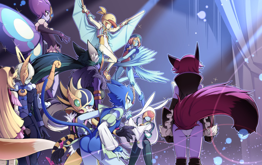 6+girls animal_ears animal_hands animal_hat animal_hood arthropod_girl ass bird_girl blazer blonde_hair blue_hair blue_skin bow breasts brown_eyes butterfly_wings cat_ears cat_girl cat_tail colored_skin covered_eyes detached_sleeves duel_monster feathered_wings flying fox_ears fox_girl fox_tail fur-trimmed_gloves fur_trim gloves green_skin half_mask hat highres hood insect_wings jacket leotard long_hair long_sleeves lunalight_black_sheep lunalight_blue_cat lunalight_crimson_fox lunalight_emerald_bird lunalight_kaleido_chick lunalight_purple_butterfly lunalight_tiger lunalight_white_rabbit lunalight_wolf lunalight_yellow_marten mask monster_girl multiple_girls naruyan_mk-ii one_eye_covered open_mouth purple_hair purple_skin rabbit_ears rabbit_girl shirt_bow short_hair short_sleeves tail tiger_girl tiger_tail weasel_ears weasel_tail wide_sleeves winged_arms wings wolf_ears wolf_girl wolf_tail yu-gi-oh!