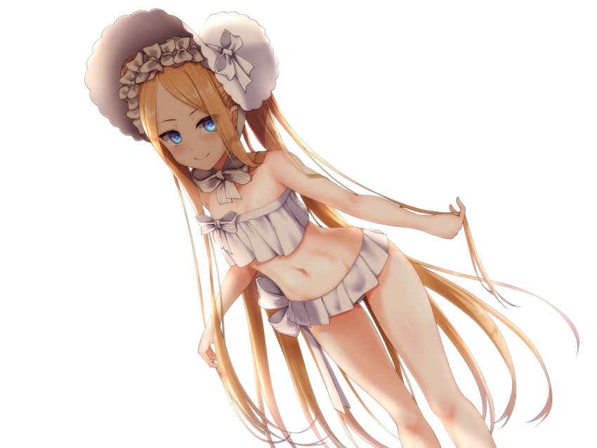 abigail_williams_(fate) abigail_williams_(swimsuit_foreigner)_(fate) abigail_williams_(swimsuit_foreigner)_(third_ascension)_(fate) bikini blonde_hair blue_eyes bonnet bow breasts fate/grand_order fate_(series) female forehead hairbow hat long_hair navel ribbon simple_background small_breasts smile solo swimsuit thighs touchuu_kasou very_long_hair white_background white_bikini white_hat