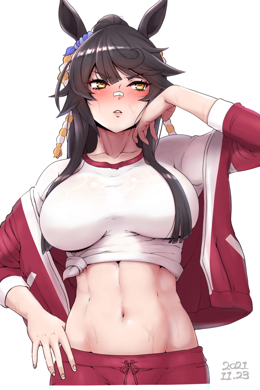 abs absurdres animal_ears arm_up bandaid bandaid_on_face bandaid_on_nose black_hair blunt_bangs blush breasts breasts_apart collarbone commentary cowboy_shot dated ear_ornament female groin gym_shirt gym_uniform hair_between_eyes hand_on_own_hip highres horse_ears horse_girl jacket large_breasts long_hair long_sleeves looking_to_the_side midriff narita_brian_(umamusume) navel off_shoulder open_clothes open_jacket pants parted_lips ponytail red_jacket red_pants shirt sidelocks simple_background solo standing sumiosmith sweat swept_bangs tied_shirt umamusume white_background white_shirt yellow_eyes