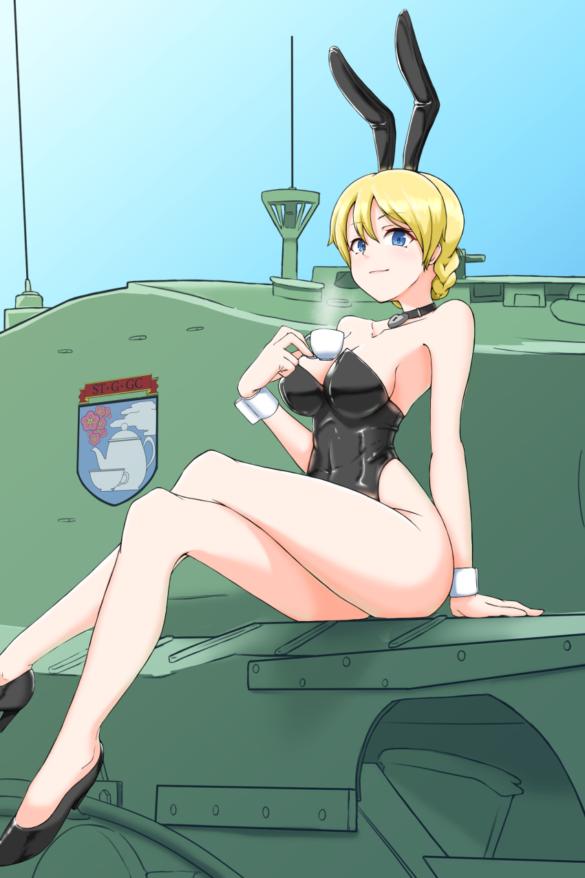 absurdres animal_ears bare_legs bare_shoulders black_choker black_footwear black_leotard blonde_hair blue_eyes braid breasts choker churchill_(tank) closed_mouth collarbone commentary covered_navel crossed_legs cup darjeeling_(girls_und_panzer) emblem fake_animal_ears female girls_und_panzer heart heart_choker high_heels highres holding holding_cup legs leotard looking_at_viewer medium_breasts military military_vehicle motor_vehicle no_legwear nyang-kaz on_vehicle playboy_bunny rabbit_ears short_hair sitting smile solo st._gloriana's_(emblem) strapless strapless_leotard stream tank teacup thighs tied_hair twin_braids wrist_cuffs