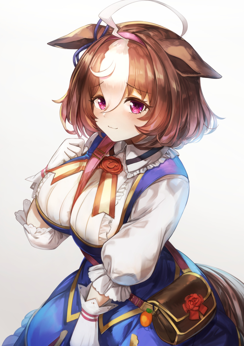 :3 ahoge animal_ears bag between_breasts blue_dress breasts brown_hair closed_mouth collared_shirt commentary dress ears_down female gloves hairband highres horse_ears horse_girl horse_tail large_breasts looking_at_viewer meisho_doto_(umamusume) multicolored_hair nihudau puffy_sleeves purple_eyes shirt short_hair shoulder_bag smile solo strap_between_breasts streaked_hair tail two-tone_hair umamusume white_gloves white_shirt