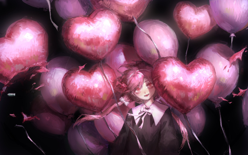 absurdres balloon black_background bow bullet commentary_request fangs female hairbow hatena_(nazequestion) heart_balloon highres long_hair looking_at_viewer original pink_eyes pink_hair pink_theme solo upper_body white_bow