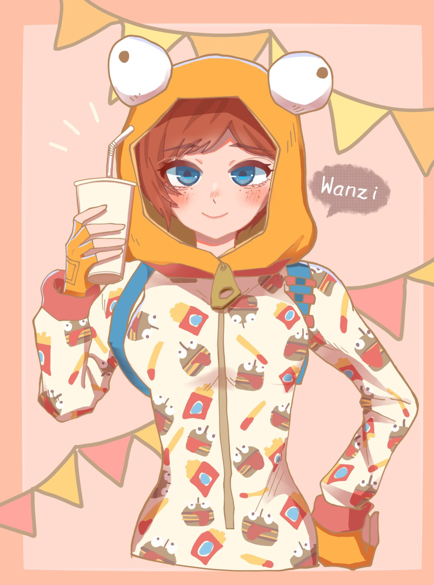 blue_eyes blush brown_hair burger_costume closed_mouth commentary cup durr_burger female food-themed_clothes fortnite highres holding holding_cup k_ybancho looking_at_viewer onesie onesie_(fortnite) pajamas simple_background smile soda solo speech_bubble