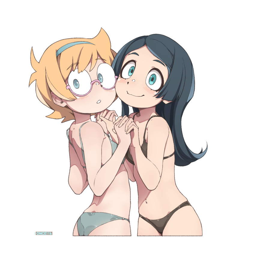 2girls aqua_bikini aqua_eyes artist_name bad_id bad_pixiv_id barbara_parker bare_shoulders bikini black_bikini black_hair blonde_hair from_side glasses highres holding_hands little_witch_academia long_hair looking_at_viewer lotte_jansson multiple_girls once_11h short_hair simple_background smile standing swimsuit upper_body white_background