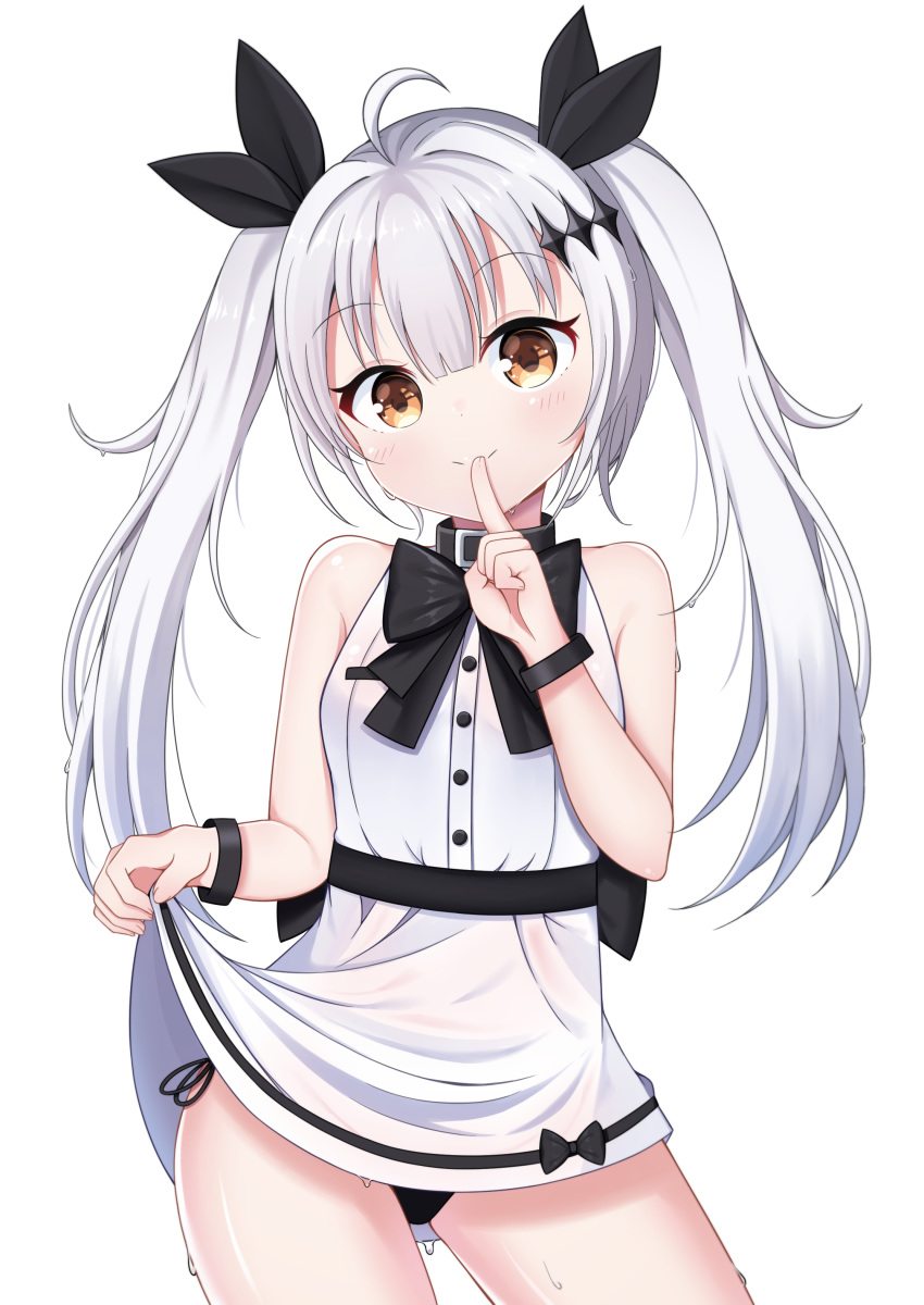 absurdres aged_down ahoge bare_shoulders black_bow black_panties black_ribbon blush bow brown_eyes closed_mouth commentary_request dress female fingernails five-seven_(adventures_of_fenfen)_(girls'_frontline) five-seven_(girls'_frontline) girls'_frontline hair_ornament hair_ribbon hand_up head_tilt highres long_hair looking_at_viewer official_alternate_costume panties ribbon see-through side-tie_panties sidelocks simple_background skirt_hold sleeveless sleeveless_dress smile solo starfox1015 twintails underwear very_long_hair wet wet_clothes wet_dress white_background white_dress white_hair