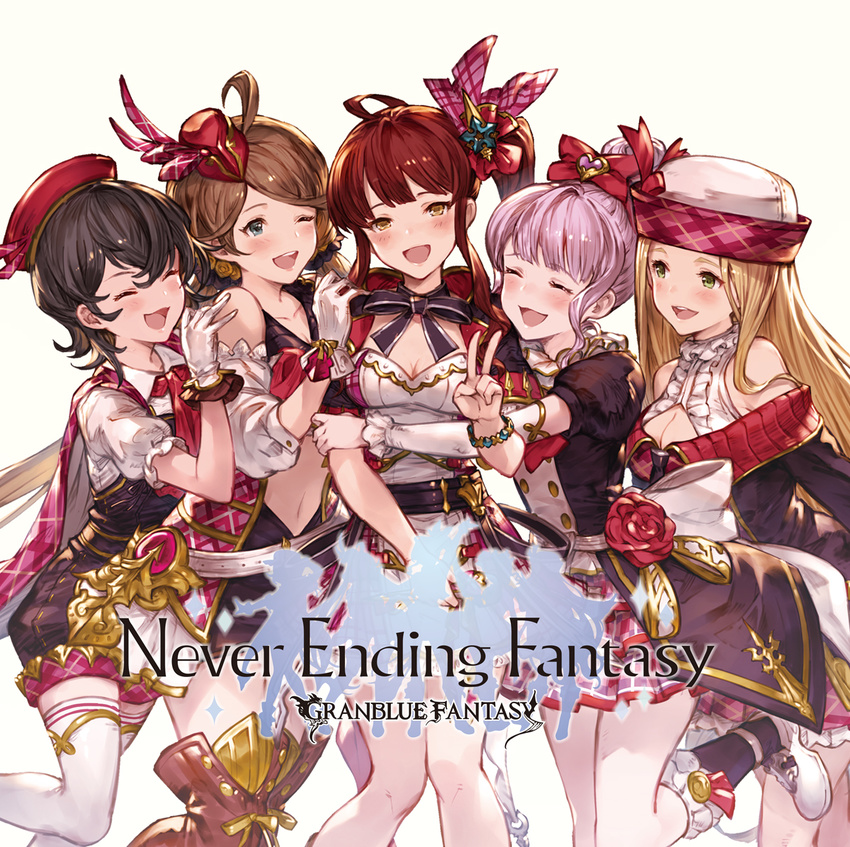 5girls :d ;d ahoge album_cover bare_shoulders black_hair black_skirt blonde_hair blue_eyes blush bow bracelet breasts brown_hair canna_(granblue_fantasy) cleavage collarbone copyright_name cover detached_sleeves diantha_(granblue_fantasy) diola_(granblue_fantasy) english_text flower girl_sandwich gloves granblue_fantasy green_eyes hair_between_eyes hair_bun hair_ornament hairbow harie_(granblue_fantasy) hat heart hug idol jewelry large_breasts leg_up linaria_(granblue_fantasy) long_hair looking_at_another looking_at_viewer medium_breasts minaba_hideo miniskirt multiple_girls navel official_art one_eye_closed open_mouth orange_eyes pink_hair puffy_short_sleeves puffy_sleeves red_bow red_flower red_hair red_rose rose sandwiched short_hair short_sleeves side_ponytail simple_background single_hair_bun skirt smile text_focus thighhighs unitard v white_background white_gloves white_legwear zettai_ryouiki