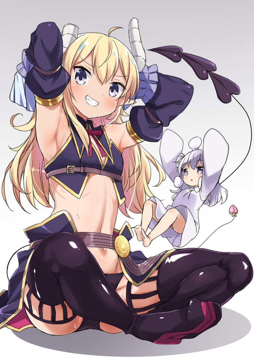 2girls :o absurdres armpits arms_behind_head arms_up bad_id bad_pixiv_id barefoot belt black_footwear black_panties black_shirt black_skirt blonde_hair boots bow bowtie brown_belt buckle commentary crisis_management_form_(machimazo) crop_top demon_girl demon_horns demon_tail detached_sleeves dress full_body gradient_background grey_background grin hair_between_eyes head_tilt highres horns kounosu_satori lilith_(machikado_mazoku) lilith_(machikado_mazoku)_(homunculus) long_hair long_sleeves looking_at_viewer looking_away looking_up machikado_mazoku mini_person minigirl multiple_girls navel neck_ribbon outstretched_arms panties pointy_ears purple_eyes red_bow red_bowtie red_ribbon ribbon shiny_clothes shiny_skin shirt showgirl_skirt sitting skirt sleeveless sleeveless_shirt sleeves_past_fingers sleeves_past_wrists smile stomach sweat tail thigh_boots thighhighs underbust underwear v-shaped_eyebrows white_background white_dress white_hair