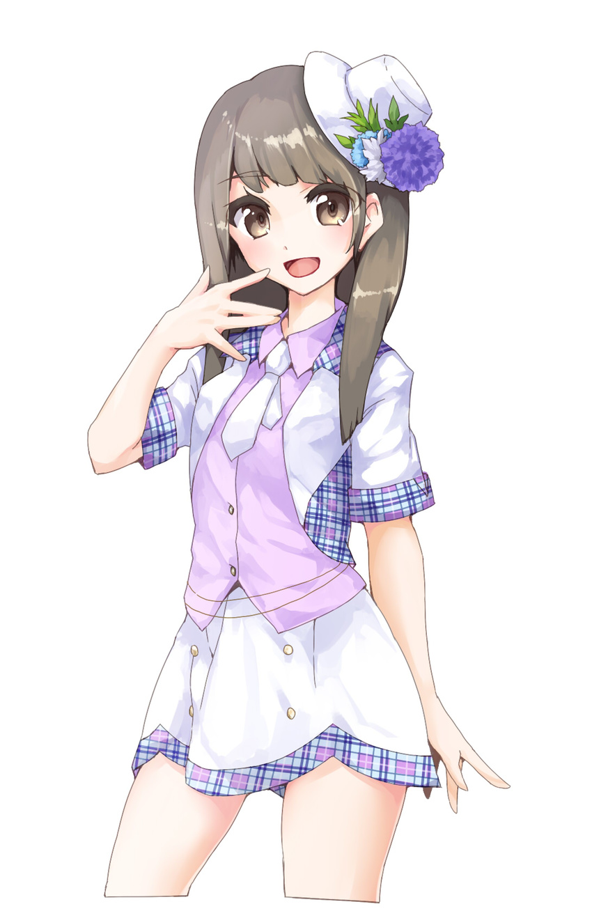 :d akaneya_himika artistic_error bad_id bad_pixiv_id brown_eyes brown_hair female flower hat hat_flower highres iris_(band) long_hair looking_at_viewer magari_(liarsheeper) necktie open_mouth plaid pretty_series pripara smile solo standing voice_actor white_hair white_necktie