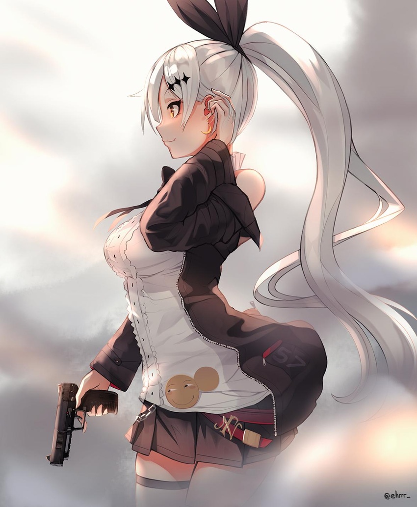 :3 arm_up bare_shoulders belt black_bow black_bowtie black_jacket black_ribbon black_skirt blouse blush bow bowtie breasts center_frills chains commentary commission cowboy_shot crescent crescent_earrings dusk earrings ehrrr female five-seven_(girls'_frontline) fn_five-seven frilled_shirt frills from_side girls'_frontline grey_sky gun hair_ornament hair_ribbon handgun high_ponytail highres holding holding_gun holding_weapon huaji jacket jewelry long_hair long_sleeves medium_breasts miniskirt off_shoulder open_clothes open_jacket outdoors pleated_skirt ponytail ribbon shirt skirt sky sleeveless sleeveless_shirt smile smoke solo standing thigh_strap twitter_username weapon white_hair white_shirt yellow_eyes zipper_pull_tab