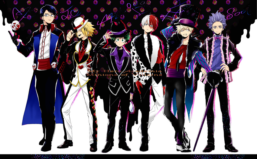 6+boys 8-foot_joe 8-foot_joe_(cosplay) adjusting_clothes adjusting_headwear apple apple_poison apple_poison_(cosplay) bakugou_katsuki blonde_hair blue_hair boku_no_hero_academia burn_scar cane closed_mouth coat coattails commentary_request cosplay dandel disneyland facial_hair food formal freckles fruit full_body fur_trim glasses green_eyes green_hair hand_on_own_hip hat highres iida_tenya jack_heart jack_heart_(cosplay) kaminari_denki long_coat looking_to_the_side marfie marfie_(cosplay) midoriya_izuku moustache mr._dalmatia mr._dalmatia_(cosplay) mr._v multicolored_hair multiple_boys open_clothes open_coat recruiters_(disney) red_eyes red_hair scar scar_on_face shinsou_hitoshi split-color_hair suit todoroki_shouto unworn_hat unworn_headwear white_hair