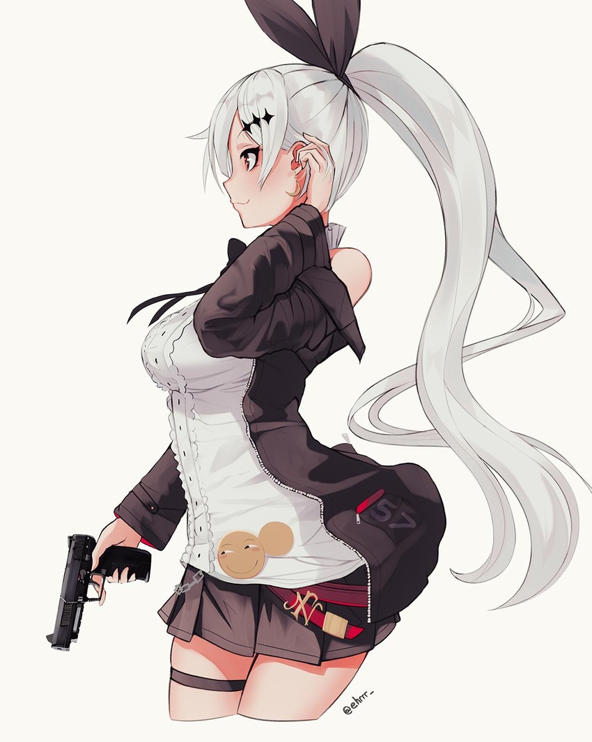 :3 arm_up bare_shoulders belt black_bow black_bowtie black_jacket black_ribbon black_skirt blouse blush bow bowtie breasts center_frills chains commentary commission cowboy_shot crescent crescent_earrings earrings ehrrr female five-seven_(girls'_frontline) fn_five-seven frilled_shirt frills from_side girls'_frontline gun hair_ornament hair_ribbon handgun high_ponytail highres holding holding_gun holding_weapon huaji jacket jewelry long_hair long_sleeves medium_breasts miniskirt off_shoulder open_clothes open_jacket pleated_skirt ponytail ribbon shirt simple_background skirt sleeveless sleeveless_shirt smile solo standing thigh_strap twitter_username weapon white_background white_hair white_shirt yellow_eyes zipper_pull_tab