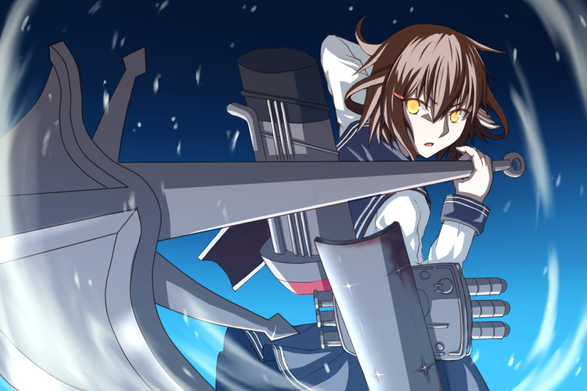 anchor beatrice_waltrud_von_kircheisen brown_hair cannon chimney commentary_request dies_irae dress female fighting_stance hair_ornament hairclip ikazuchi_(kancolle) kantai_collection parted_lips rigging sailor_collar sailor_dress school_uniform serafuku serious shinza_bansho_series short_hair smokestack tnk_(p_freaks) torpedo_tubes yellow_eyes